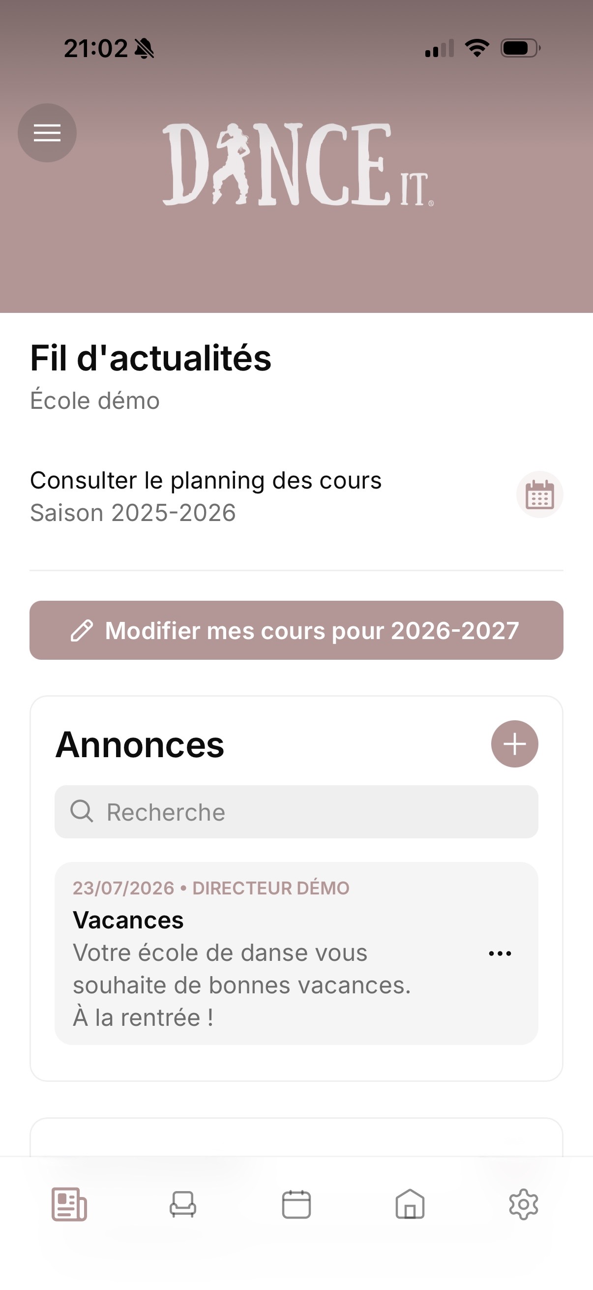 Fil d'actualités de l'application Dance It®